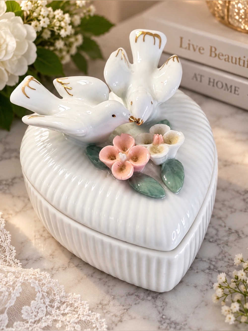 Vintage Sophia-Ann Porcelain Swan
Trinket Box White & Gold With Flowers Details